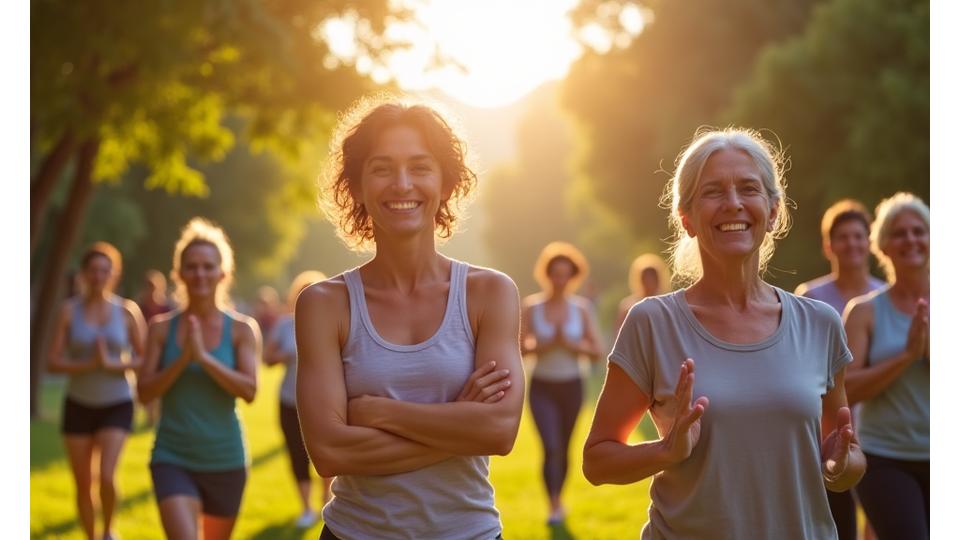 Diverse group of adults participating in an outdoor wellness workshop in Pasadena