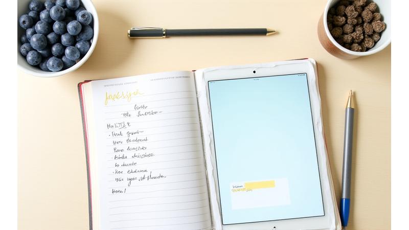 Detailed shot of a planner, a pen, healthy food, and a tablet with a wellness app, symbolizing comprehensive assessment tools