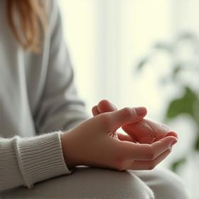Person in a calm, minimalist setting practicing mindfulness with soft light, symbolizing stress management techniques