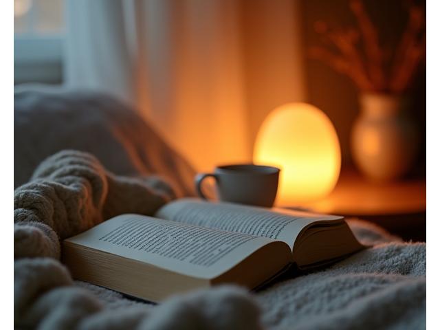 Book and warm tea next to a soft lamp, symbolizing a calm evening wind-down routine.