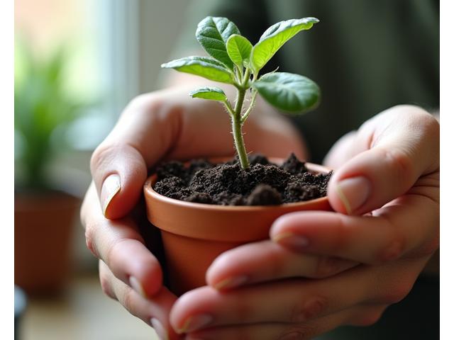 Woman adding a leaf to a growing plant, symbolizing mindful habit growth.