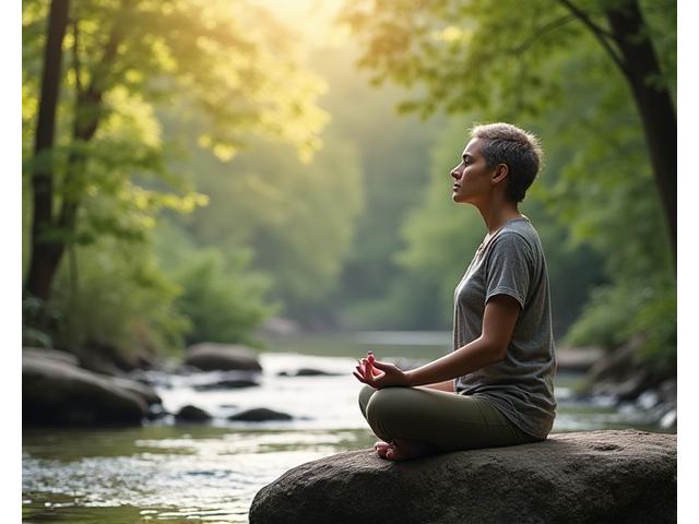 Woman meditating on a serene pathway, symbolizing a mindful journey.