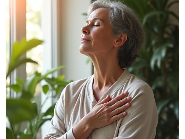 Serene person practicing deep breathing exercises in a tranquil setting, embodying stress reduction.