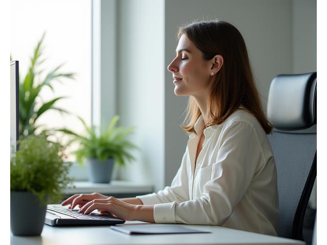 Person taking a deep breath at their desk, symbolizing a mindful workday break.