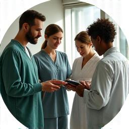 Diverse team members collaborating in a bright, modern office