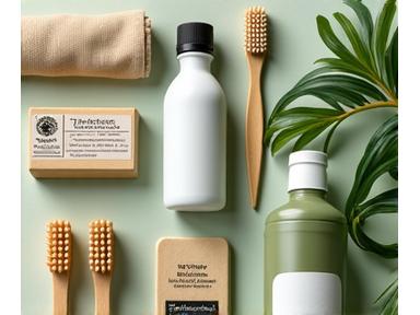 Various sustainable and eco-friendly home wellness products like bamboo toothbrushes and reusable bags