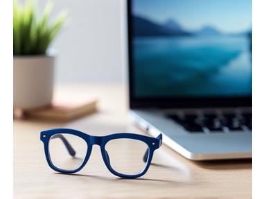 Stylish blue light blocking glasses on a wooden desk with a laptop