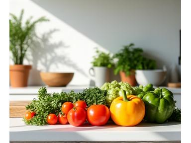 Fresh, vibrant healthy ingredients and cooking tools on a clean kitchen counter