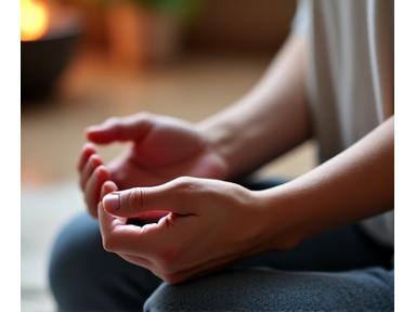 A serene person meditating with essential oil diffuser subtly in background, conveying calm and mindfulness